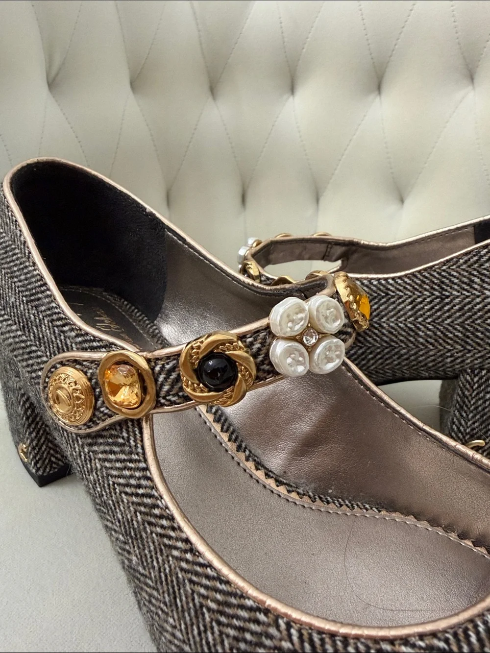 Circus NY Womens Herringbone Mary Jane Flats with Amber and Pearl Accent